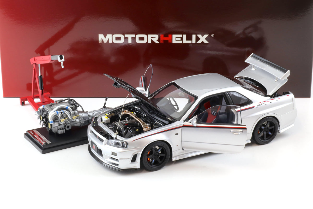 STM Diecast Motorhelix 1999 Nissan Skyline GT-R R34 (BNR34) Nismo CRS RHD Silver w/ Carbon Hood...