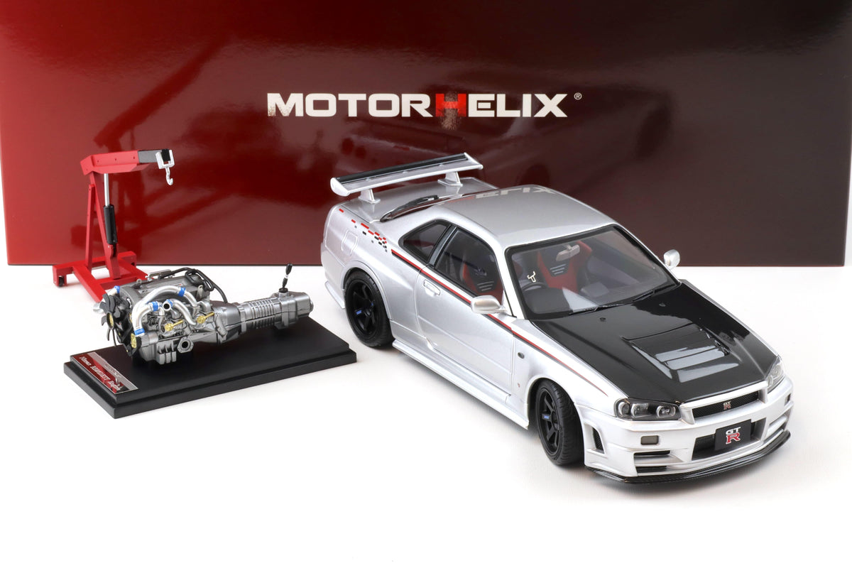 STM Diecast Motorhelix 1999 Nissan Skyline GT-R R34 (BNR34) Nismo CRS RHD Silver w/ Carbon Hood...
