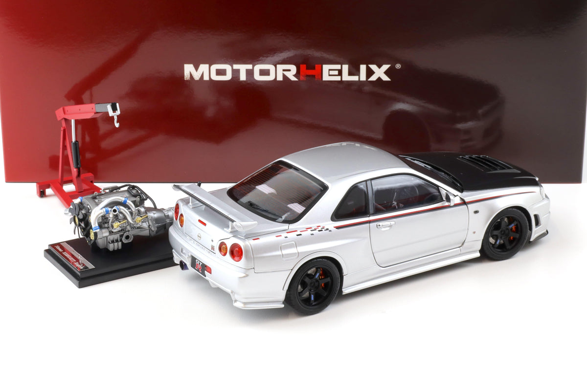 STM Diecast Motorhelix 1999 Nissan Skyline GT-R R34 (BNR34) Nismo CRS RHD Silver w/ Carbon Hood...