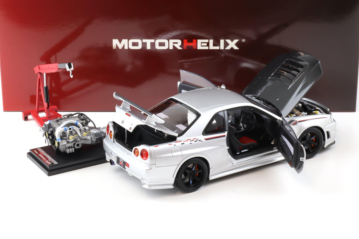 STM Diecast Motorhelix 1999 Nissan Skyline GT-R R34 (BNR34) Nismo CRS RHD Silver w/ Carbon Hood...