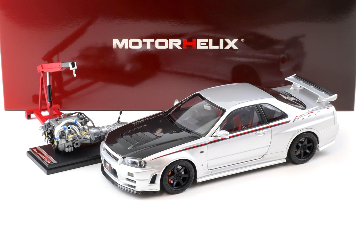 STM Diecast Motorhelix 1999 Nissan Skyline GT-R R34 (BNR34) Nismo CRS RHD Silver w/ Carbon Hood 1:18