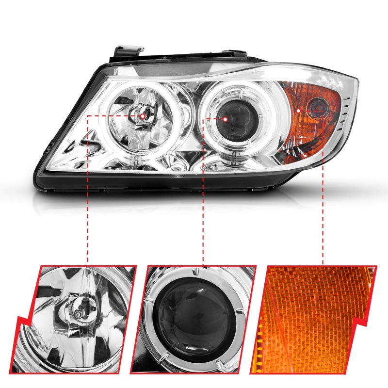 Anzo 2006-2008 BMW 3 Series E90-E91 Projector Headlights w/ Halo w/ LED Bar
