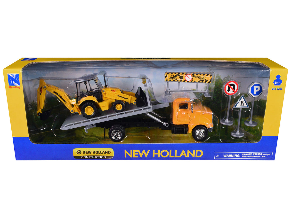 Rapid Vehicles Peterbilt 335 Roll-Off Flatbed Truck and New Holland B110C Backhoe Loader with...