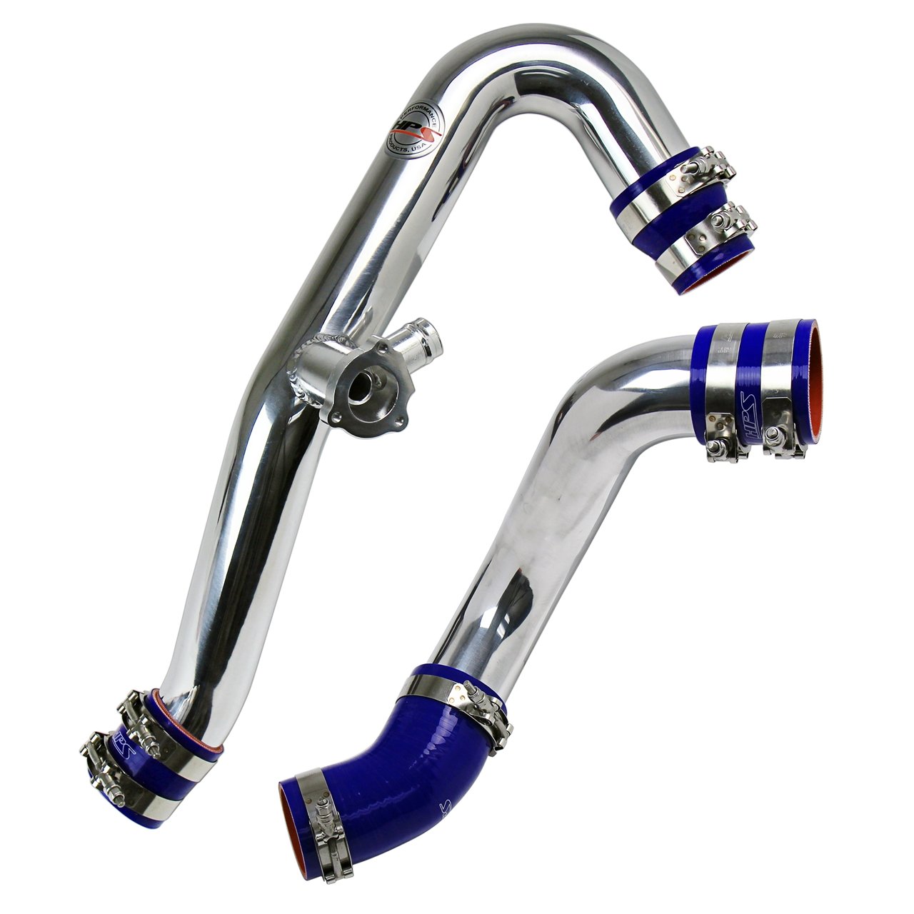 HPS Performance HPS Intercooler Hot Charge Pipe and Cold Side with Blue Hoses 15-17 Ford Mustang Ecoboost 2.3L Turbo, Polish