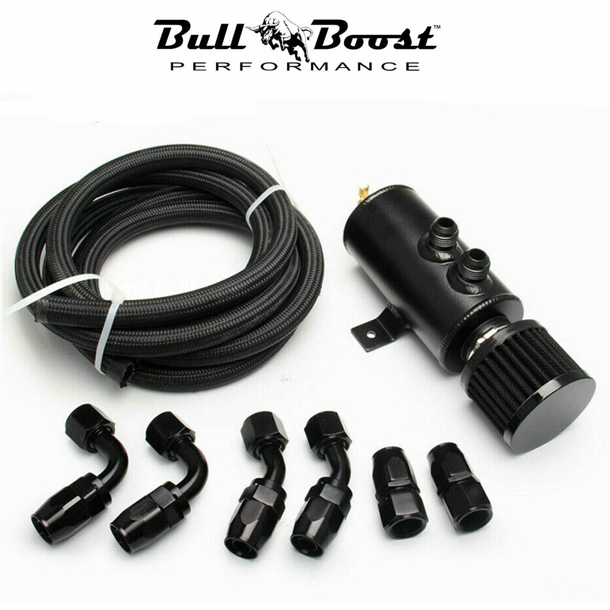 Bull Boost Performance Pro Series Baffled 0.75L 10AN Oil Catch Can Hose Kit and Fittings...