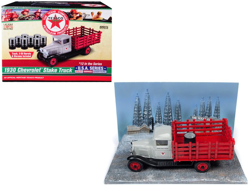 Rapid Vehicles 1930 Chevrolet Stake Truck with Eight Oil Barrels and Oil Derricks Diorama...