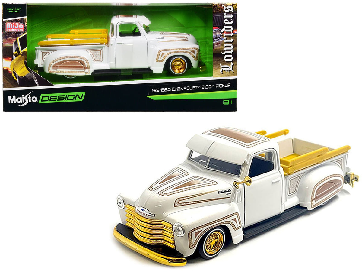 Rapid Vehicles 1950 Chevrolet 3100 Pickup Truck Lowrider White with Graphics and Gold Wheels...