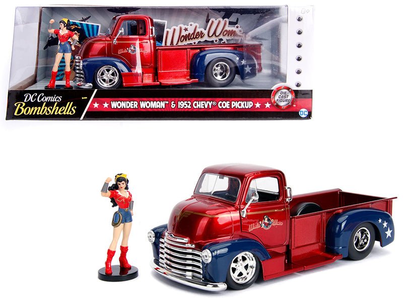 Rapid Vehicles 1952 Chevrolet COE Pickup Truck Candy Red and Blue with Wonder Woman Diecast...