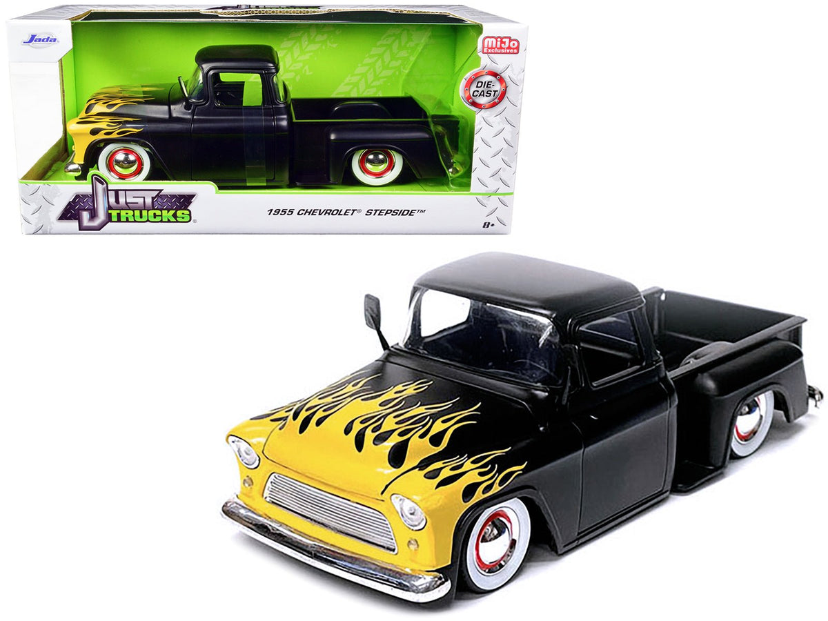 Rapid Vehicles 1955 Chevrolet Stepside Pickup Truck Matt Black with Yellow Flames "Just Trucks"...