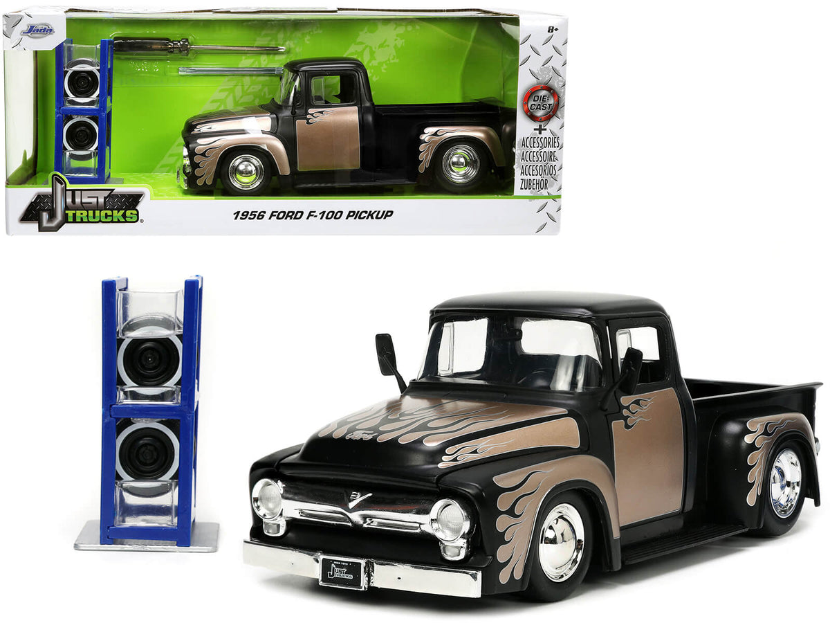 Rapid Vehicles 1956 Ford F-100 Pickup Truck Matt Black and Champagne with Flames with Extra...