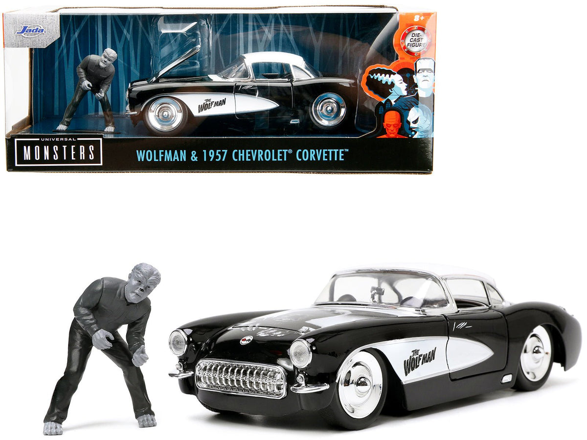 Rapid Vehicles 1957 Chevrolet Corvette Black with White Top and Wolfman Diecast Figure "Universal...