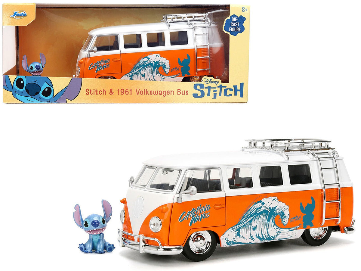 Rapid Vehicles 1961 Volkswagen Bus "Catching Waves" White and Orange with Stich Diecast Figure...