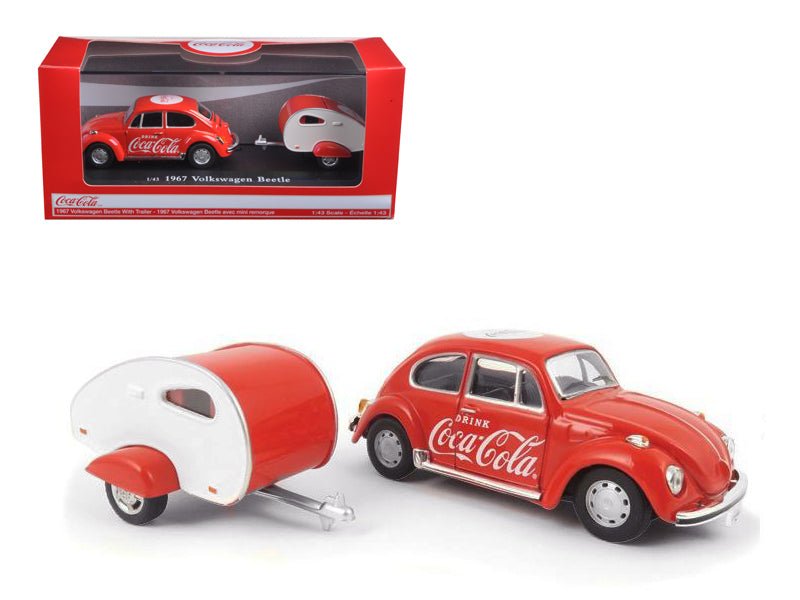 Rapid Vehicles 1967 Volkswagen Beetle Red with Teardrop Travel Trailer Red and White "Coca-Cola"...