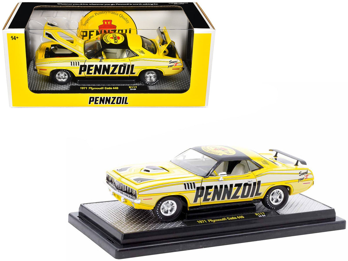Rapid Vehicles 1971 Plymouth Barracuda 440 Yellow with Gray Stripes and Black Top "Pennzoil"...