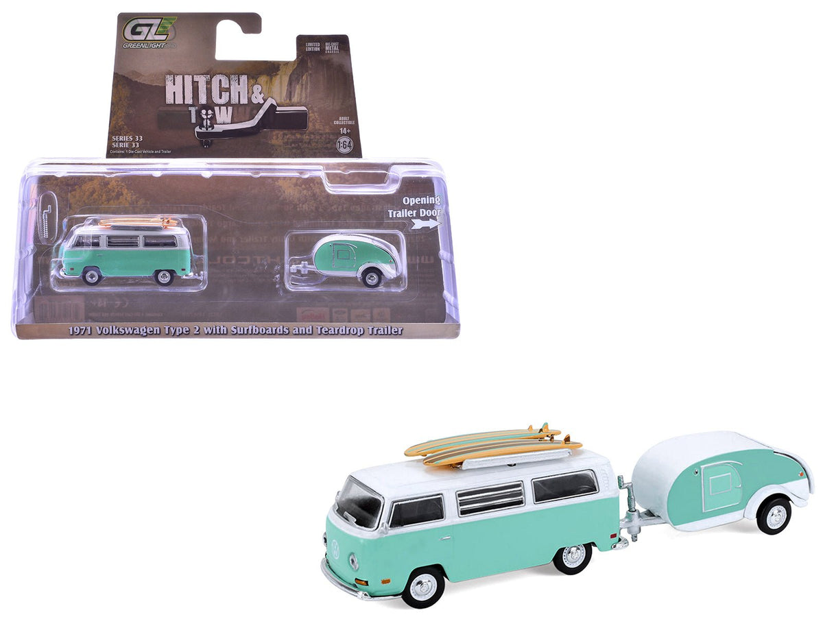 Rapid Vehicles 1971 Volkswagen Type 2 Van Seafoam Green and White with Surfboards and Teardrop...