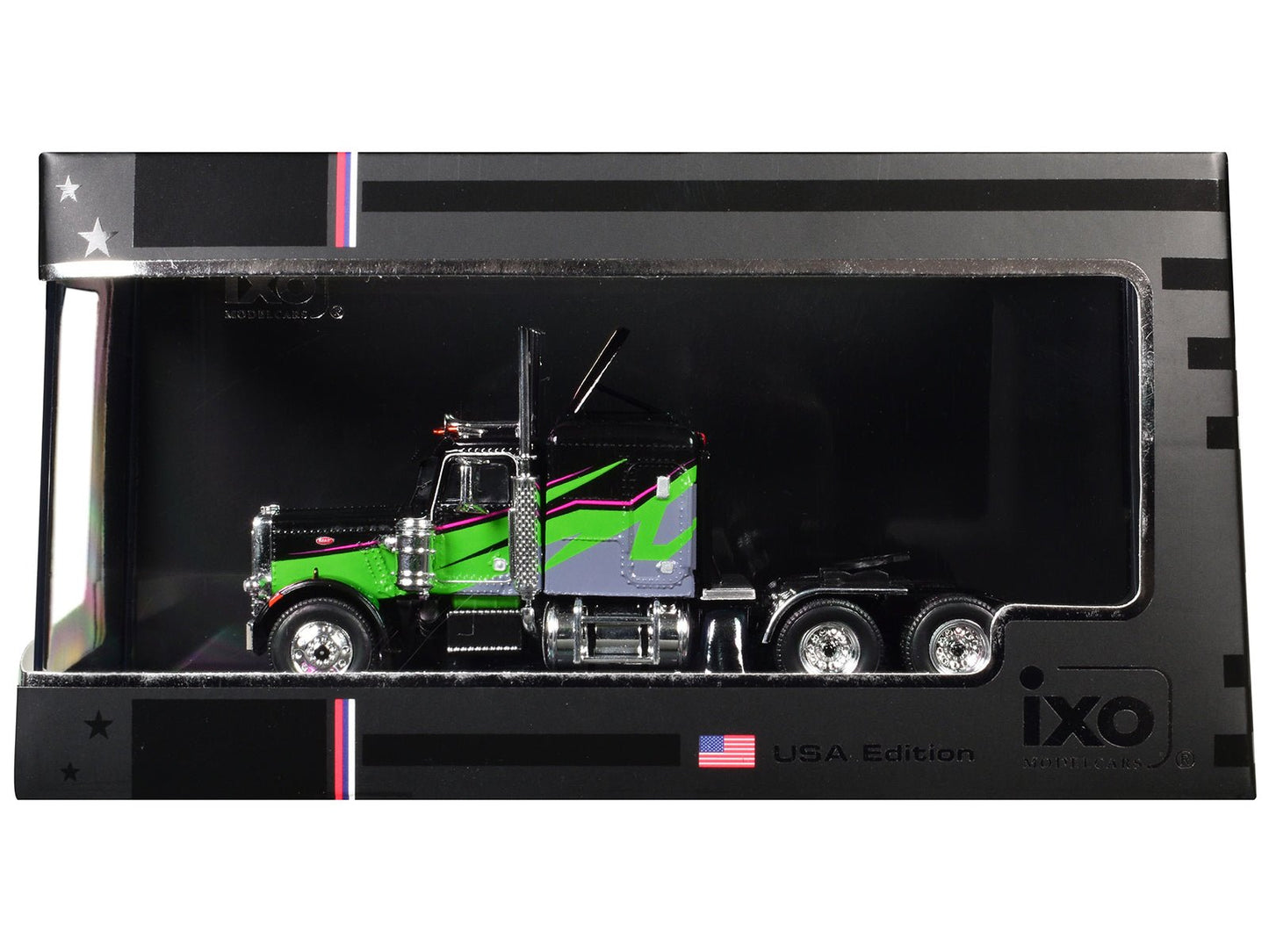1973 Peterbilt 359 Truck Tractor Black and Lime Green with Graphics 1/64 Diecast Model by IXO Models  free shipping USA