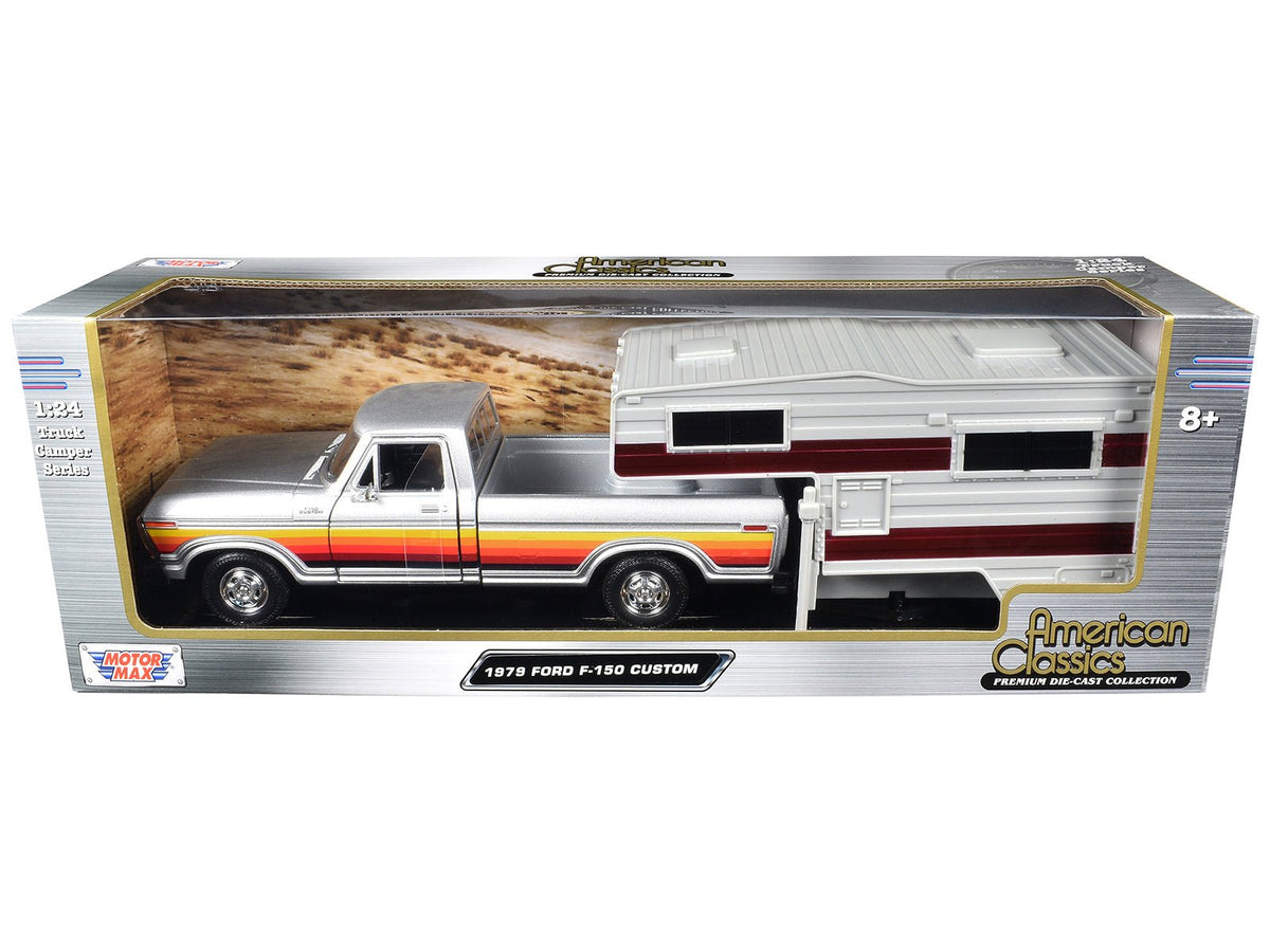 Rapid Vehicles 1979 Ford F-150 Custom Pickup Truck Silver Metallic with Side Stripes with Camper...