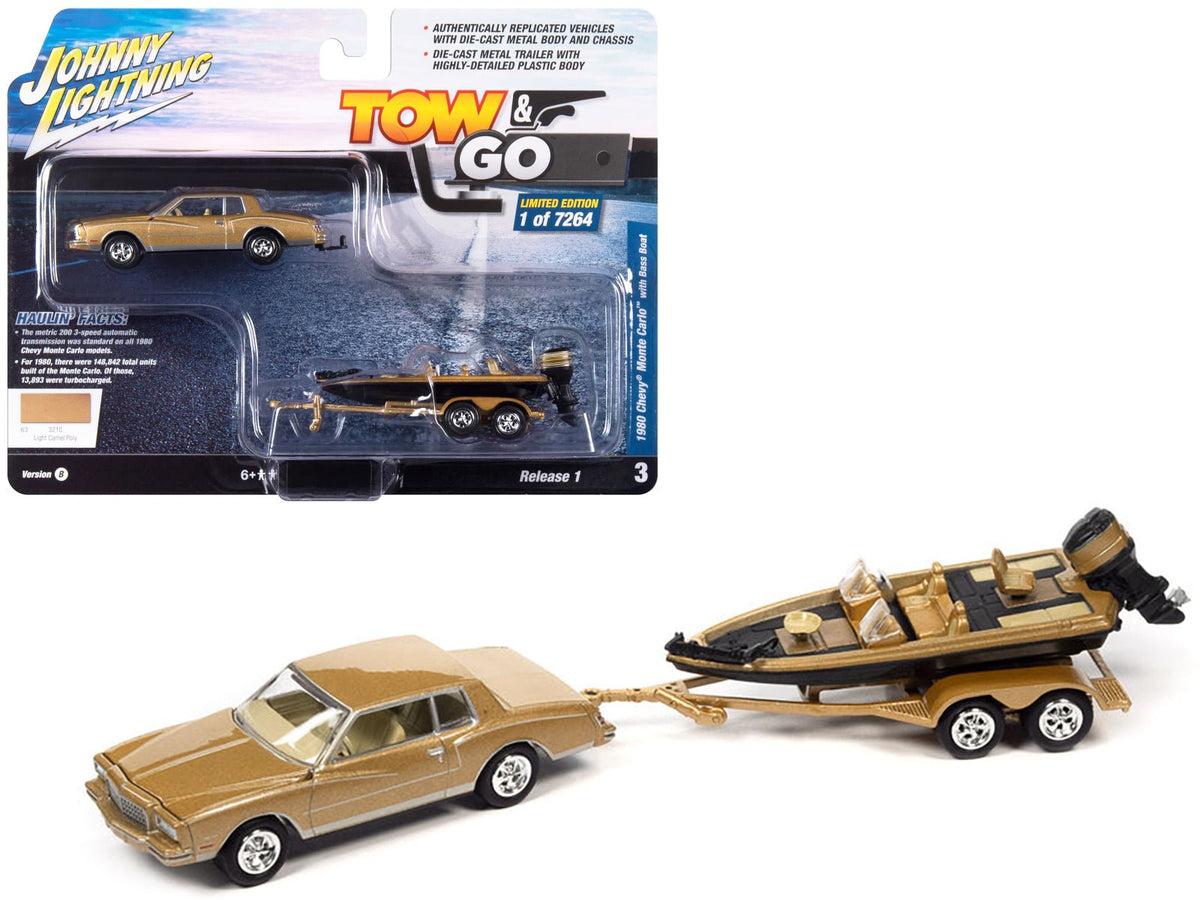 Rapid Vehicles 1980 Chevrolet Monte Carlo Light Camel Gold Metallic with Bass Boat and Trailer...