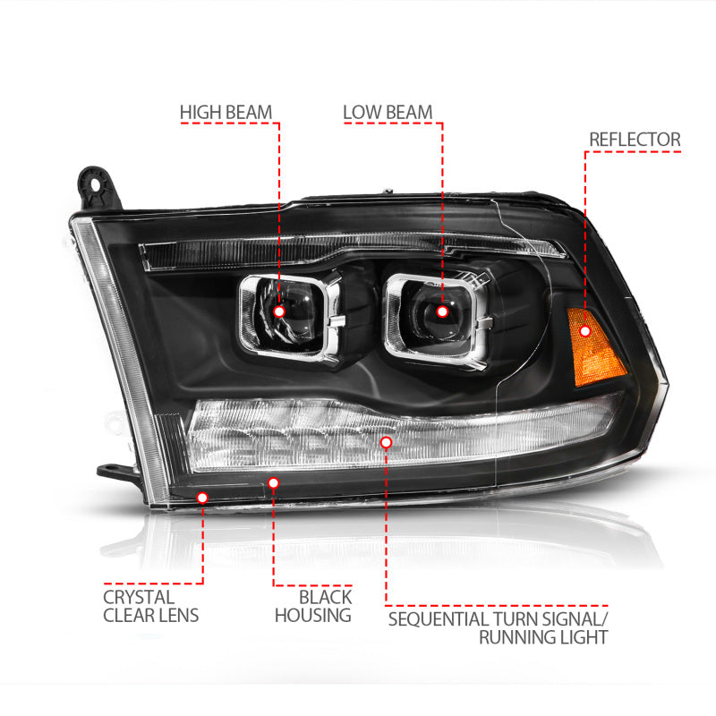 ANZO 09-19 Dodge RAM 1500 / 10-18 2500/3500 LED Proj Headlights SeqSig Black - Pair 111626A