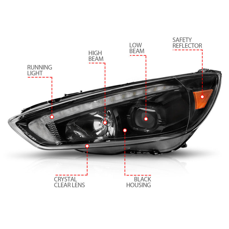 FR SPORT ANZO 15-18 Ford Focus Projector Headlights - w/ Light Bar Switchback Black Housing...