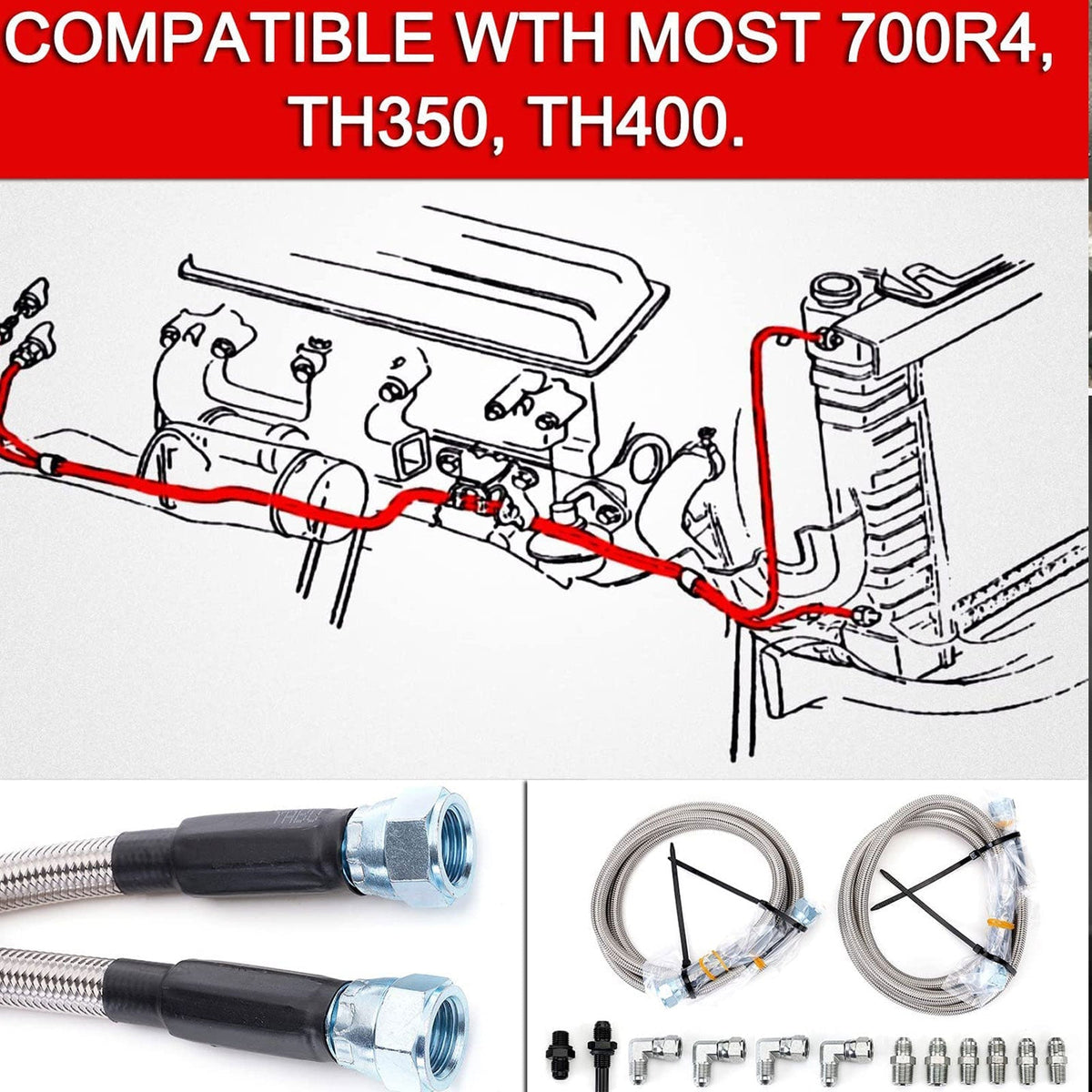 STRATEC SYSTEMS Flexible SS Braided Transmission Cooler Hose Line For GM Chevy 1996 & Newer 4L80E...