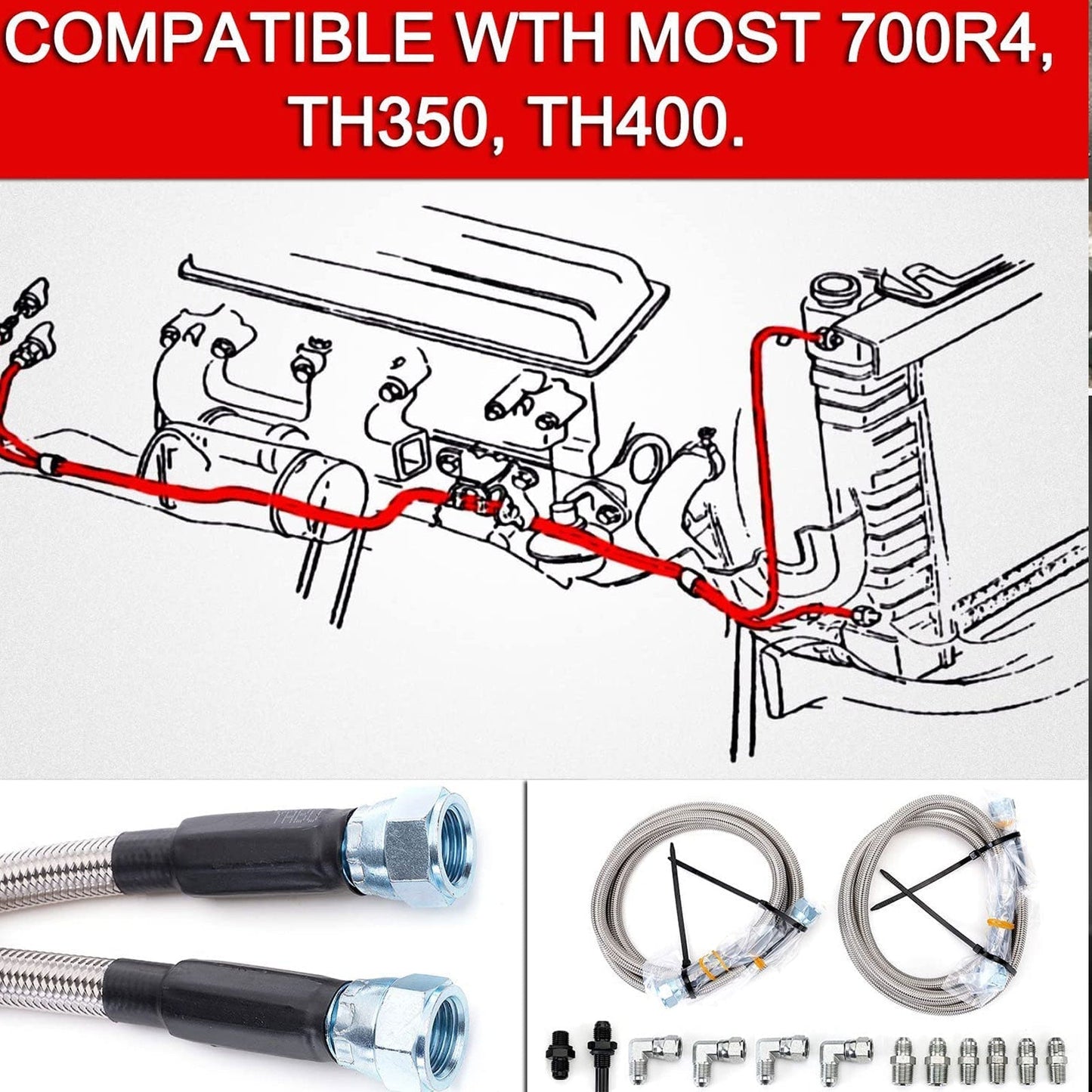 For GM Chevy 1996 &Newer 4L80E Flexible SS Braided Transmission Cooler Hose Line