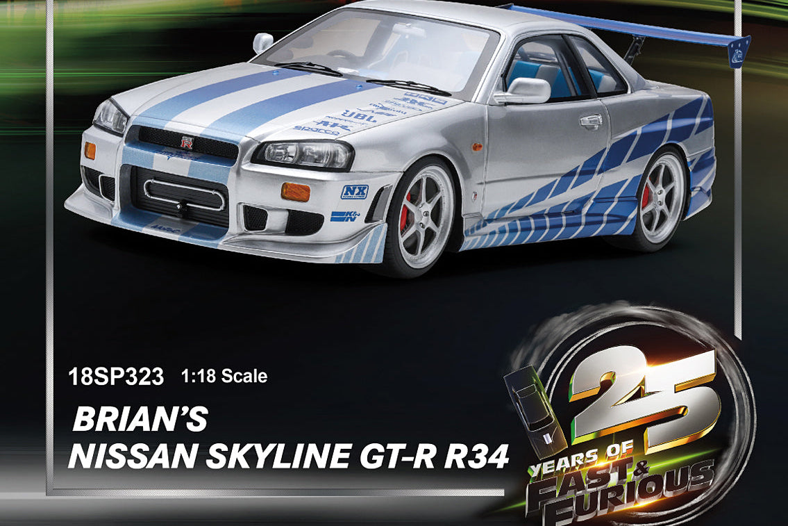 Spark Model 1999 Nissan Skyline GT-R (R34) "2 Fast 2 Furious" Silver & Blue 1:18 WITH DISPLAY