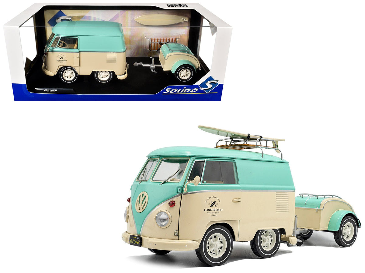 Rapid Vehicles 2024 Volkswagen Cool Combi Van with Trailer "Long Beach Surfing Club" Mint Green...