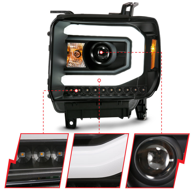 ANZO 2014-2015 Gmc Sierra 1500 Projector Headlight Plank Style Black w/ Switchback (Halogen Type) 111487