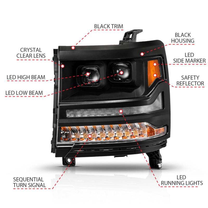 ANZO 16-18 Chevy Silverado 1500 (Factory HID Models ONLY) Full LED Proj Headlights Black - Pair 111622A