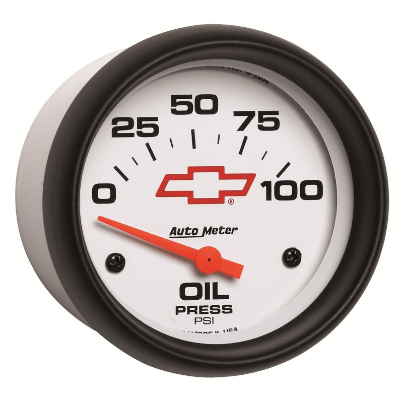 FR SPORT AutoMeter Gauge Oil Pressure 2-5/8in. 100PSI Electric Chevy Red Bowtie White 5827-00406...