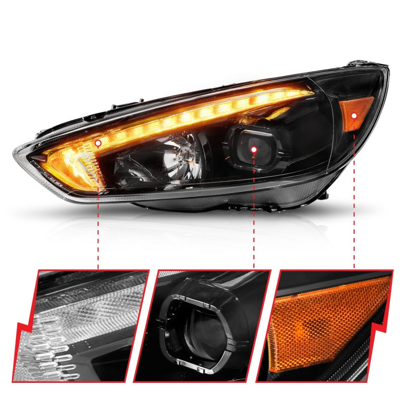 FR SPORT ANZO 15-18 Ford Focus Projector Headlights - w/ Light Bar Switchback Black Housing...