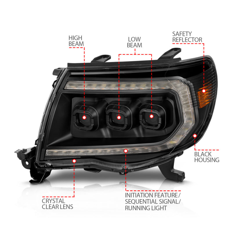 ANZO 05-11 Toyota Tacoma Full LED Proj Headlights White DRL/Init/SeqSig Black - Pair 111640A