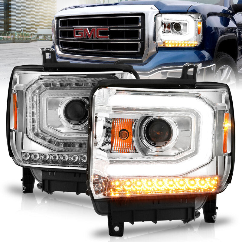 FR SPORT ANZO 2014-2015 Gmc Sierra 1500 Projector Headlights w/ Light Bar Chrome Housing (Halogen...