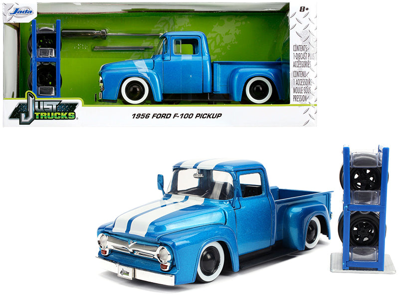 Rapid Vehicles 1956 Ford F-100 Pickup Truck Blue Metallic with White Stripes and Extra Wheels...