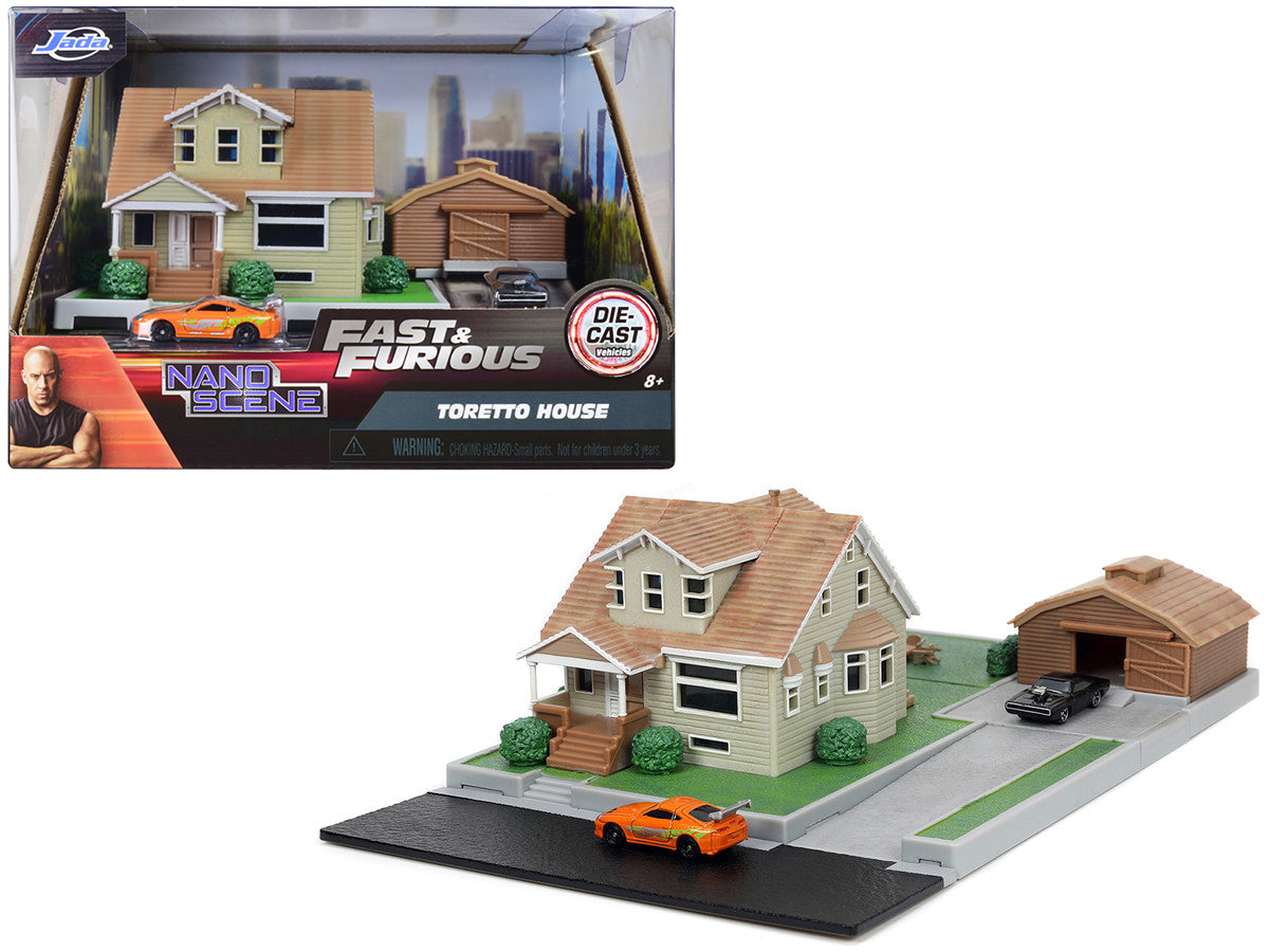 Rapid Vehicles Toretto House Diorama with Dodge Charger Black and Toyota Supra Orange with...