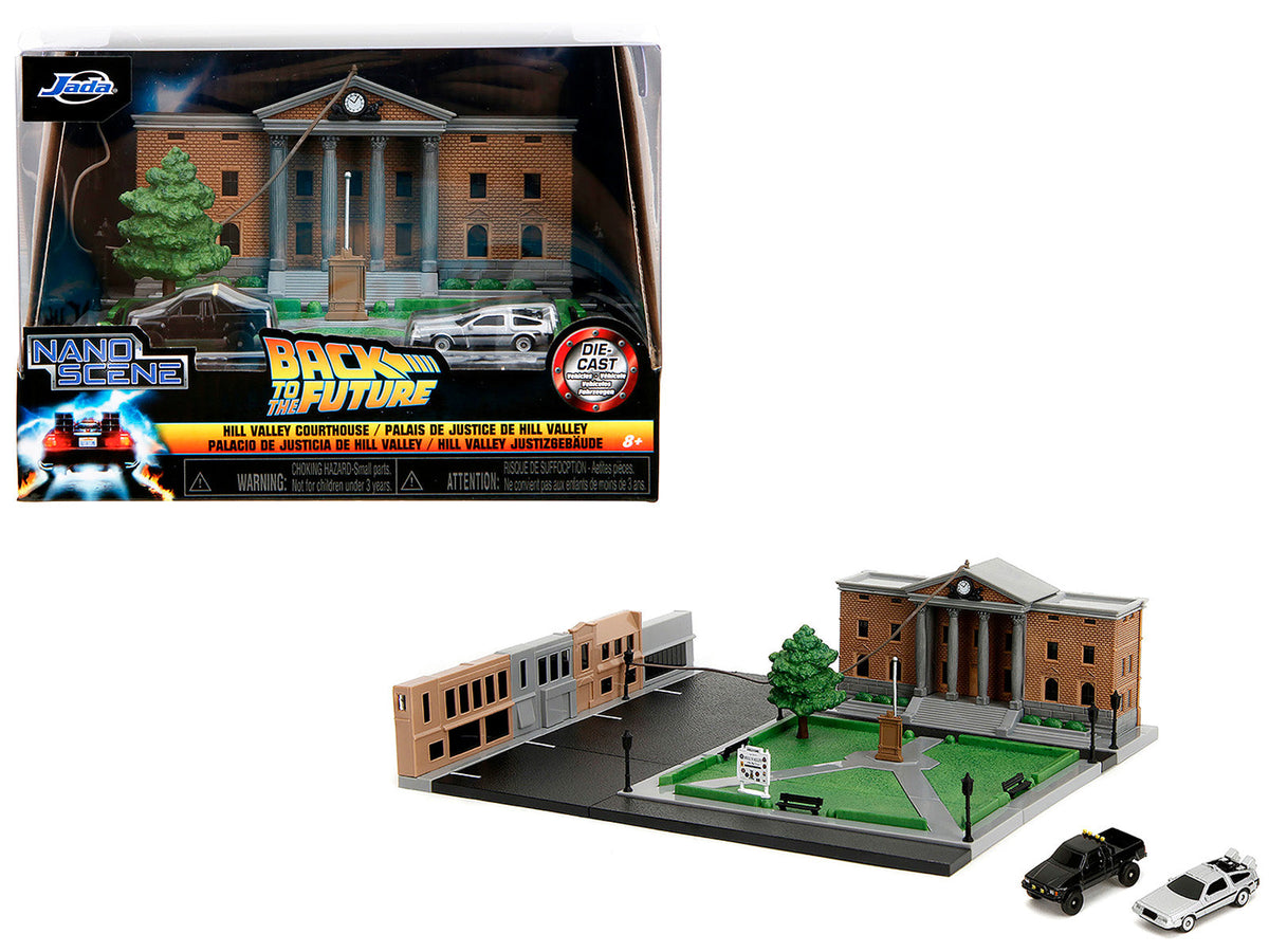 Rapid Vehicles Hill Valley Courthouse Diorama with Black Pickup Truck and Delorean "Back to the...