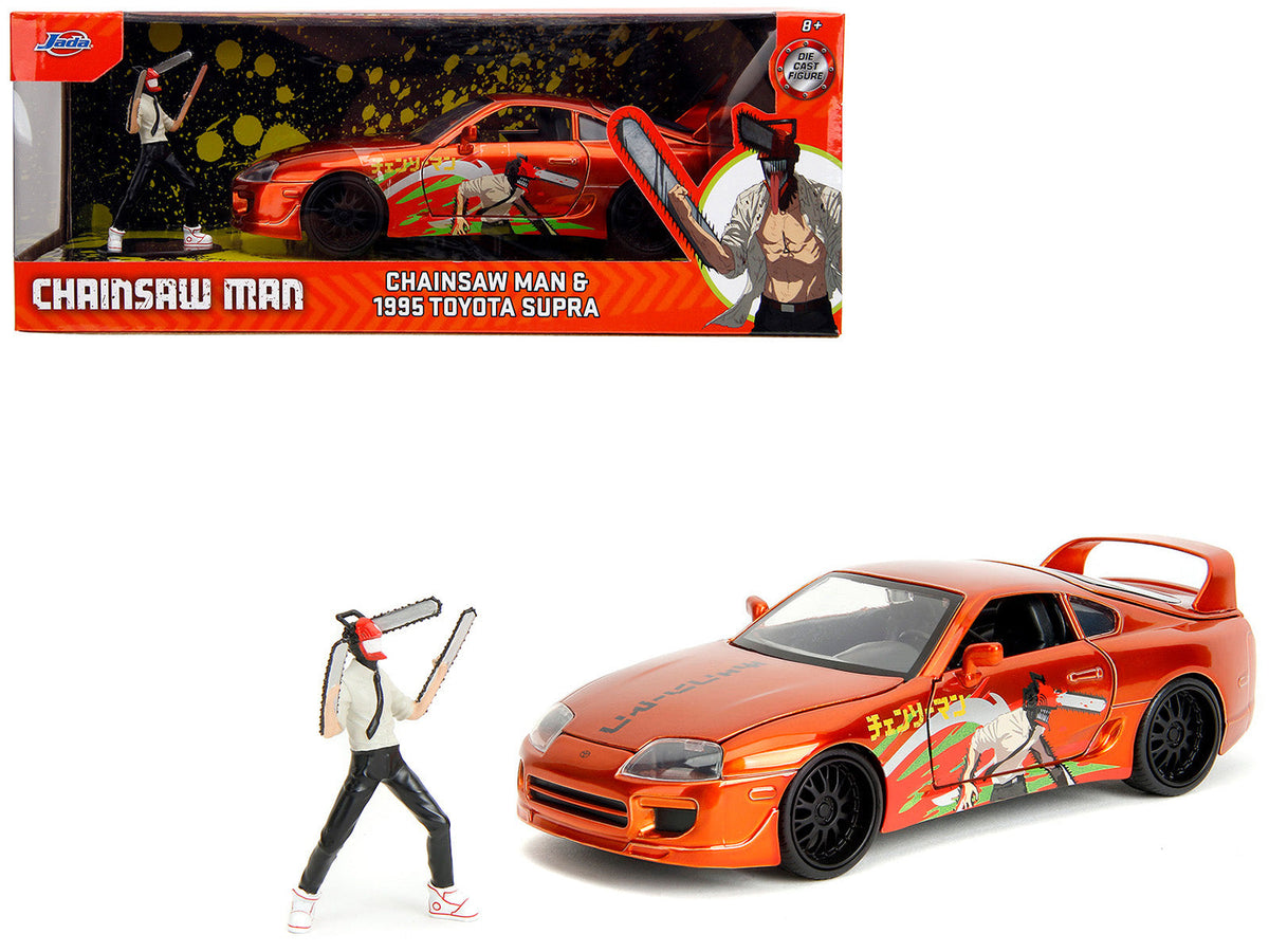 Rapid Vehicles 1995 Toyota Supra Orange Metallic with Graphics and Chainsaw Man Diecast Figure...