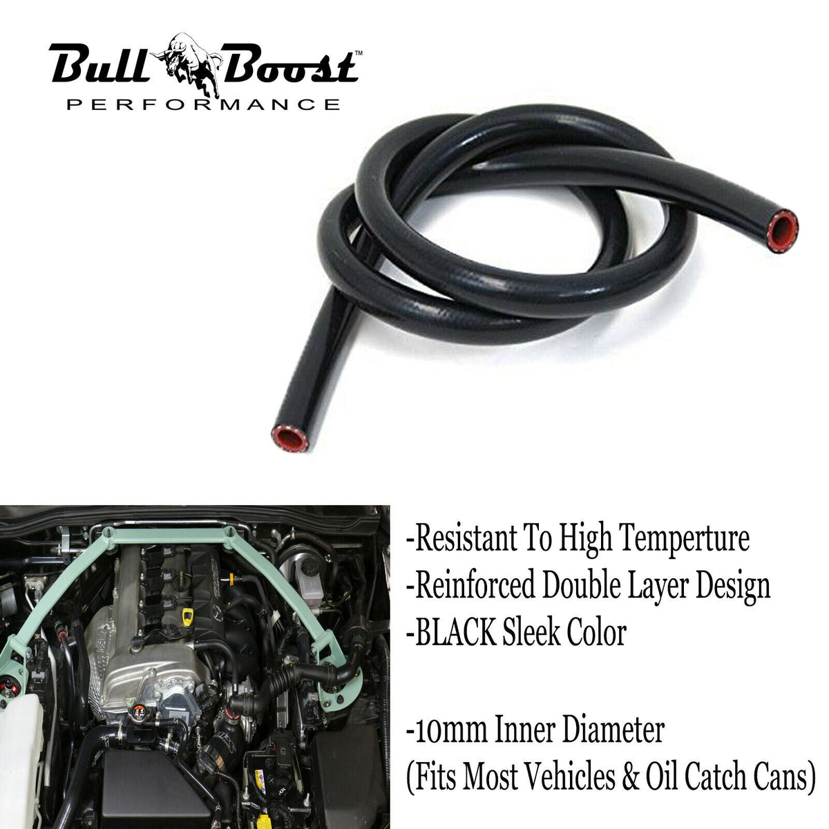 Bull Boost Performance 10mm 3/8" Black Vacuum Silicone Hose Racing Line Pipe Tube 4 Feet Per Order