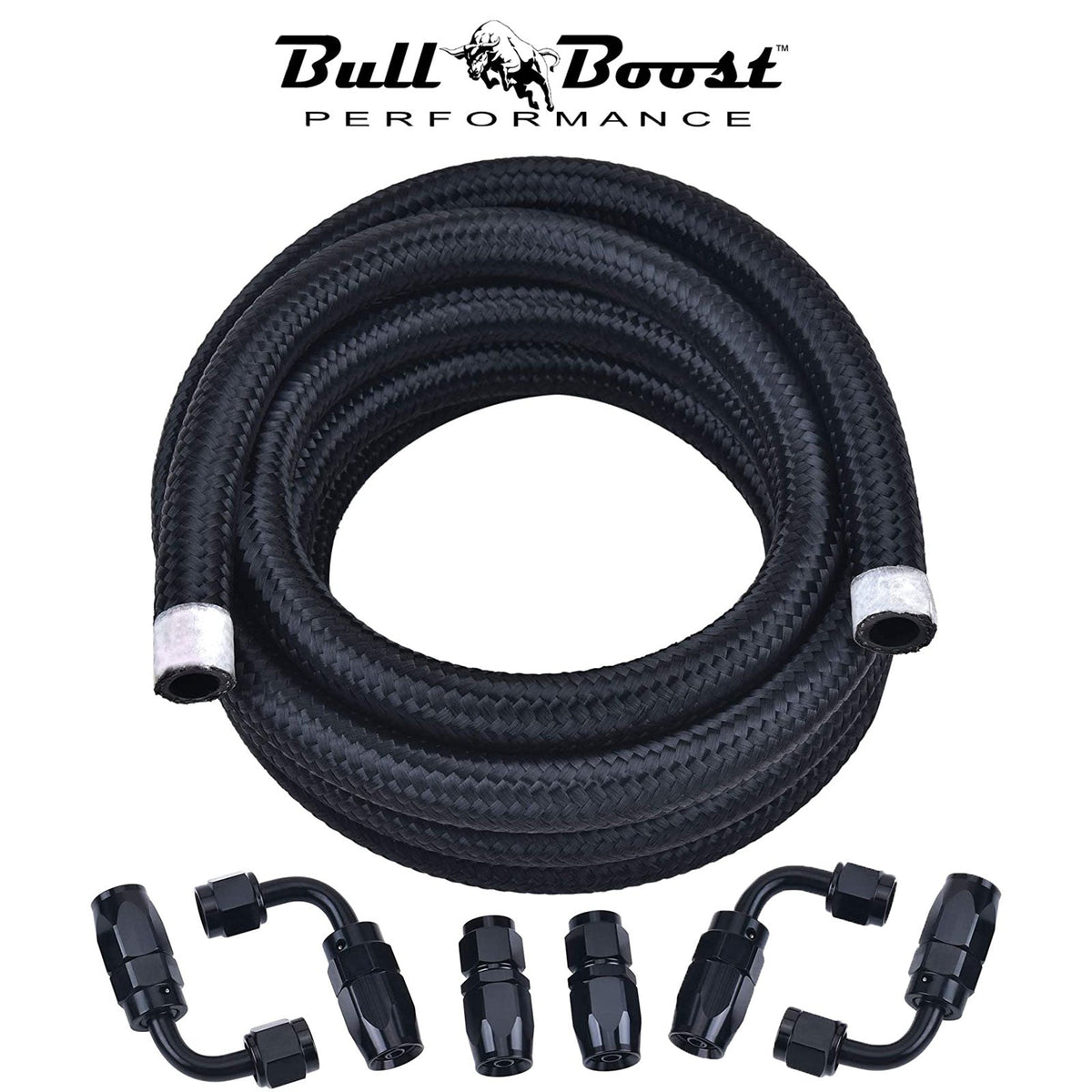 Bull Boost Performance -6 AN Braided 3-8 Fuel Line Oil-Gas-Fuel Hose Line Aluminum Hose End...