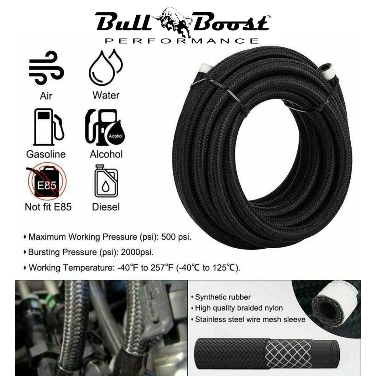 Bull Boost Performance -6 AN Braided 3-8 Fuel Line Oil-Gas-Fuel Hose Line Aluminum Hose End...