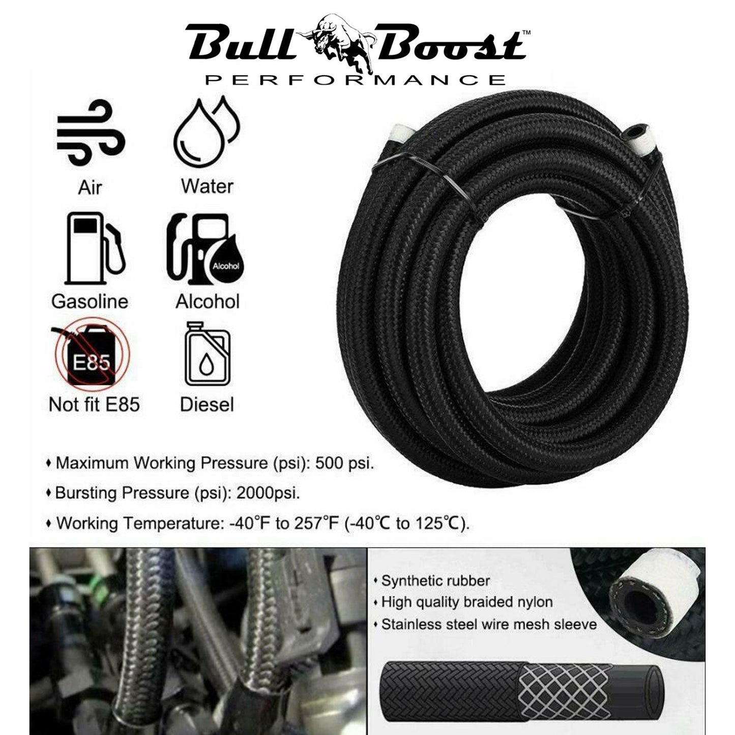 -8 AN Braided Fuel Line Oil-Gas-Fuel Hose Line Aluminum Hose End Fitting AN8