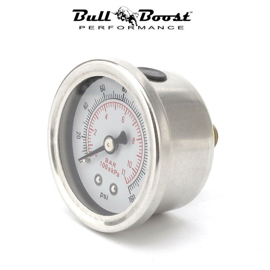 Bull Boost Performance Fuel Pressure Regulator Gauge 0-160 Psi Bar Liquid Fill Chrome Fuel Oil Rail