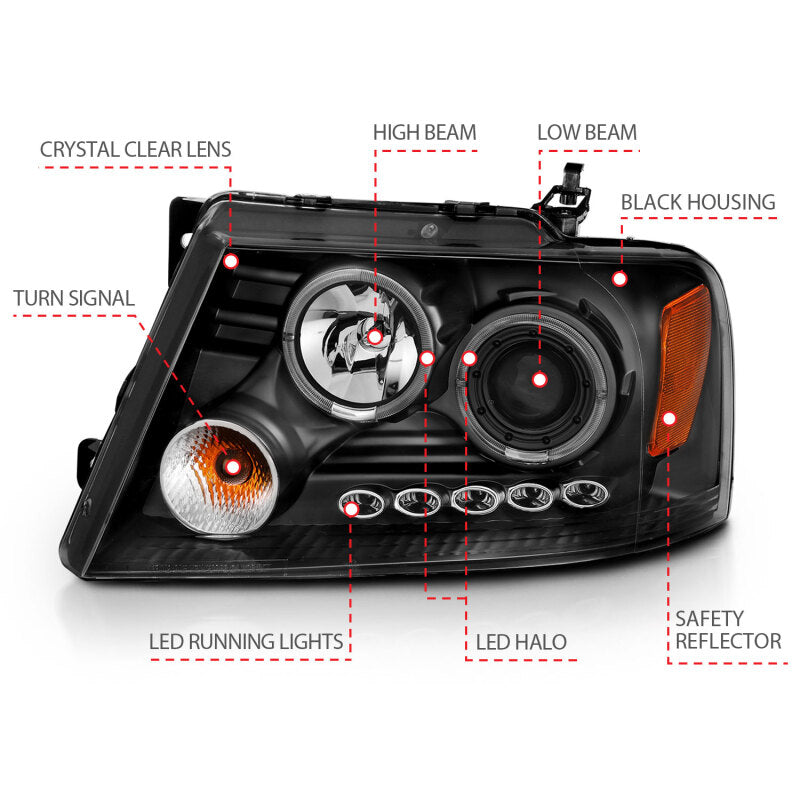 Anzo 2004-2008 Ford F-150 Projector Headlights w/ Halo and LED Black G2