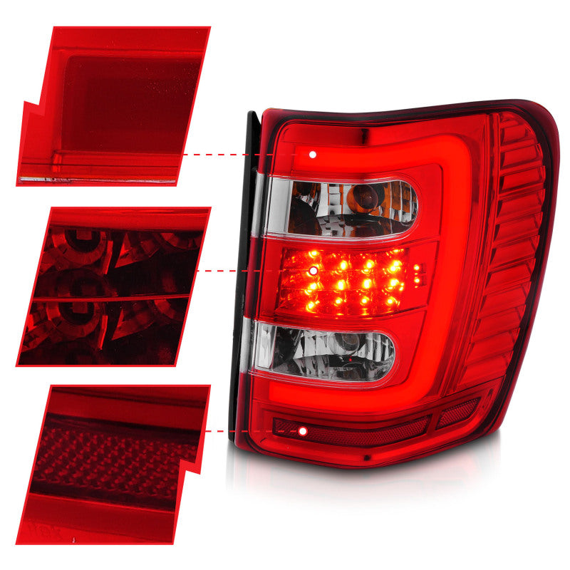 FR SPORT ANZO 1999-2004 Jeep Grand Cherokee LED Tail Lights w/ Light Bar Chrome Housing Red/Clear...