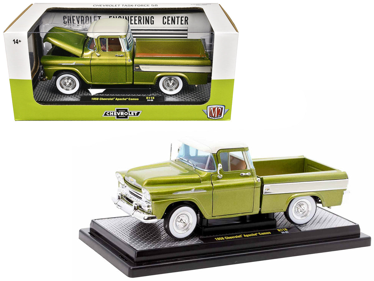 Rapid Vehicles 1958 Chevrolet Apache Cameo Pickup Truck Olive Green Metallic with Wimbledon White...
