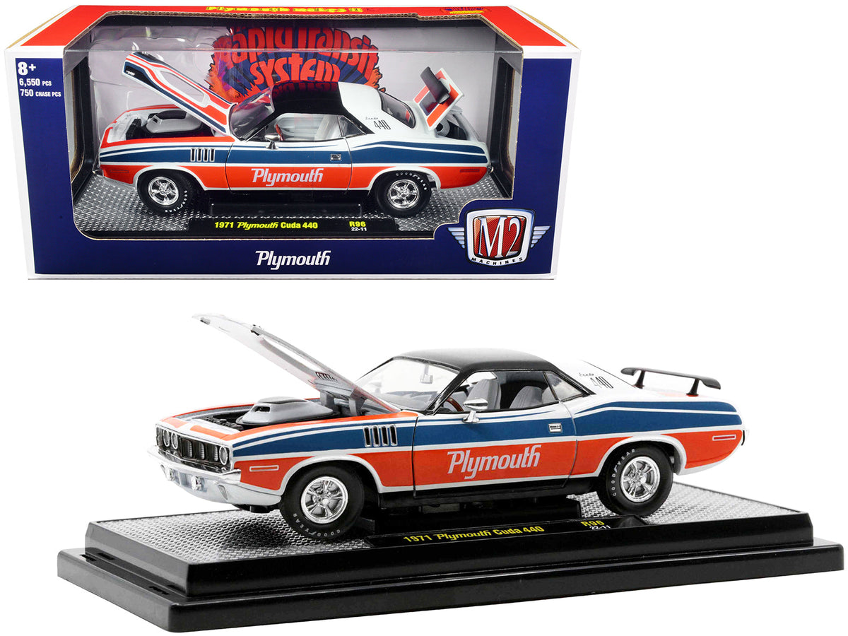 Rapid Vehicles 1971 Plymouth Barracuda 440 Pearl White with Blue and Red Stripes and Black Top...