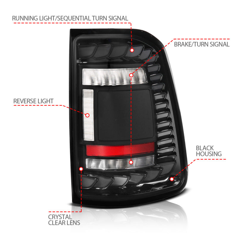 ANZO 19-24 RAM 1500 (Factory LED Models ONLY) Full LED Tail Lights SeqSig Black - Pair 311481A