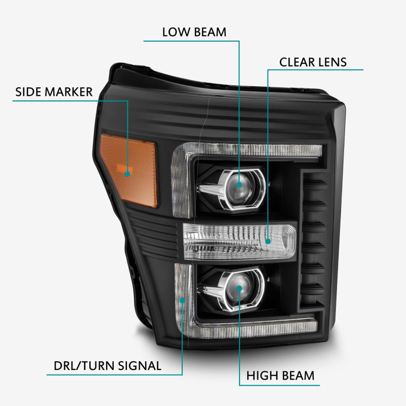AlphaRex 11-16 Ford F-250 SD PRO-Series Projector Headlights Plank Style Design Black w/Seq Signal 880142 *Discontinued