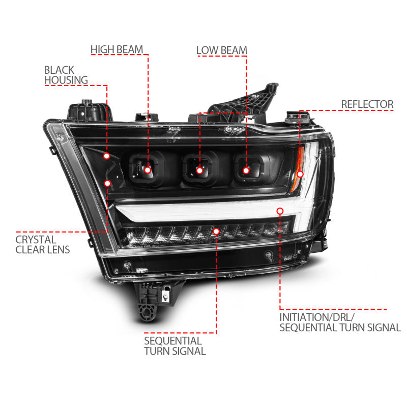 ANZO 19-24 RAM 1500 (New Body/OE Halogen) Full LED Proj Headlights DRL/SeqSig Black - Driver Side 111628A-L